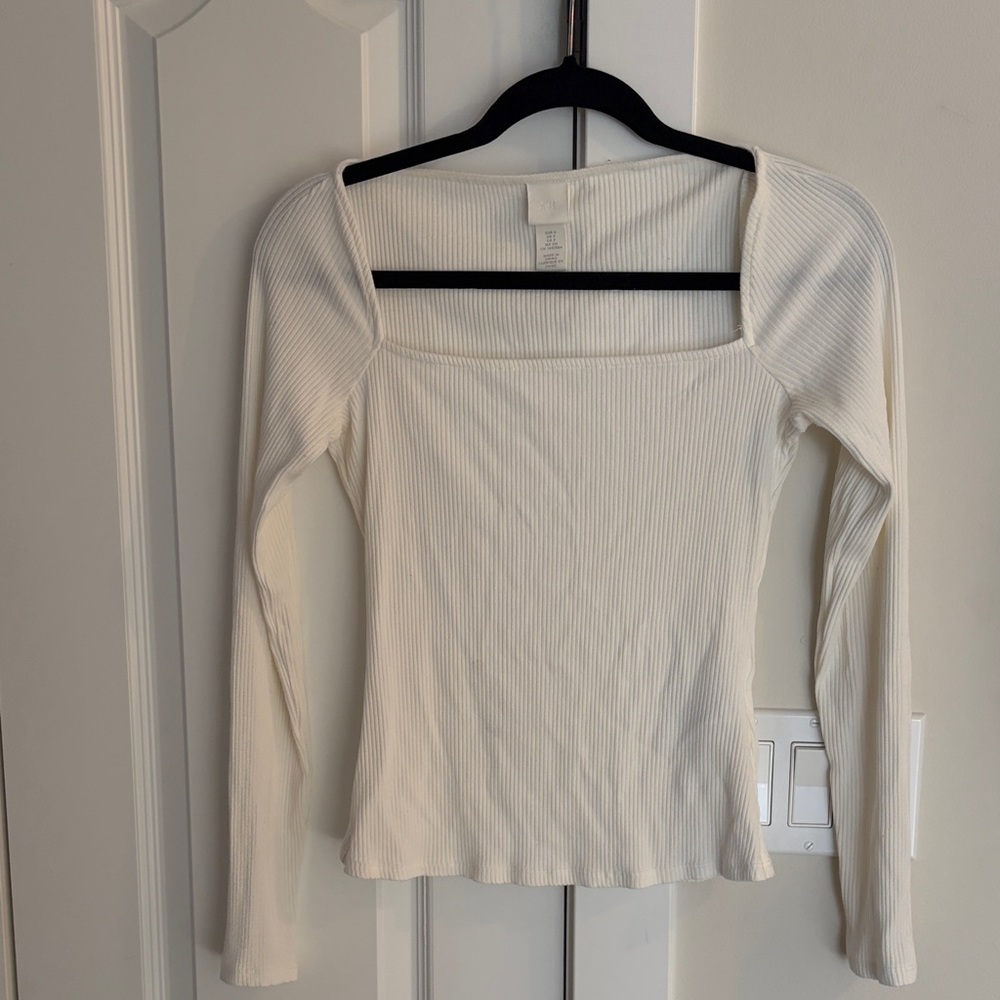 H&M Cream Ribbed Long Sleeve Square Neck Top